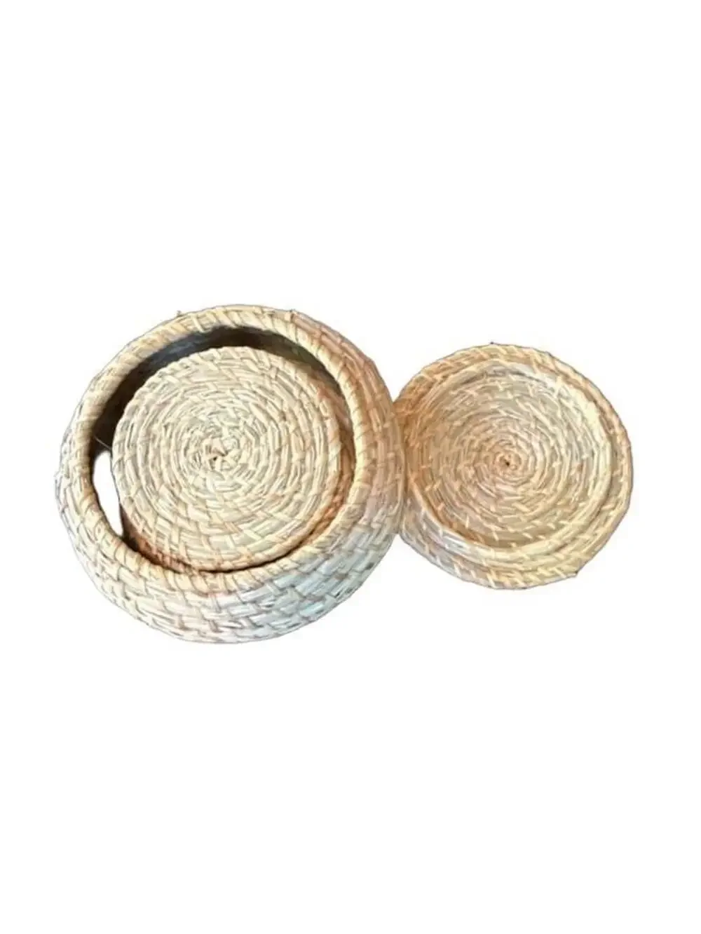 Set of 3 Woven Seagrass Lidded Nesting Baskets Round Storage Boxes